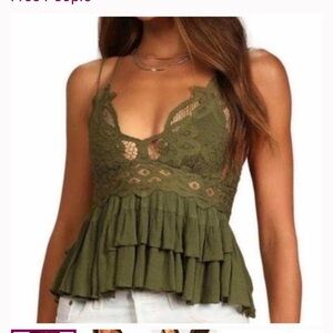 Free People Adella Cami Lace Ruffled Top Olive Sparrow green S